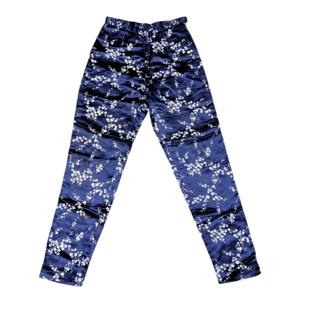 Vintage Express Navy cherry blossoms Woven Satin looking high waisted Pant